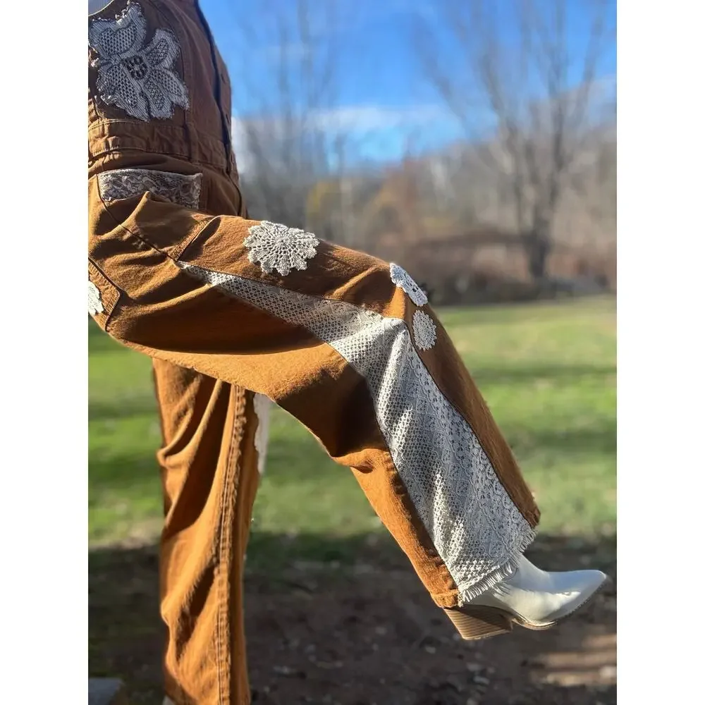 Up-cycles by Ckay | Hand Sewn Lace & Crochet Patchwork Flare Overalls - Picture 4 of 8